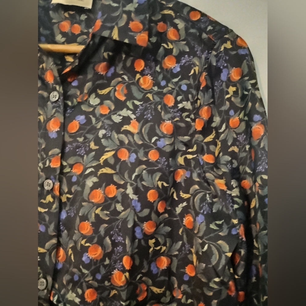 Elie Tahari Black Pomegranate Floral Satin Button Down Long Sleeve Blouse Sz S